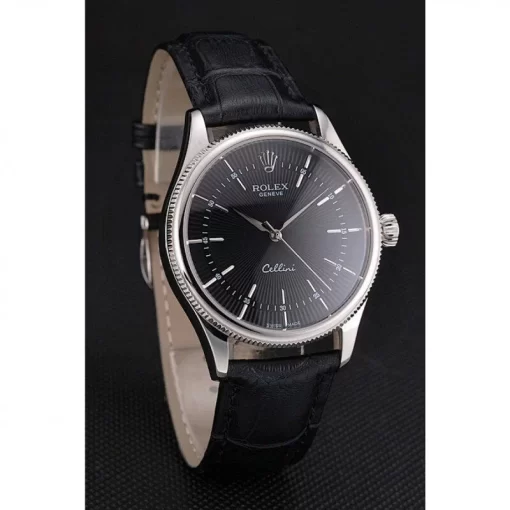 Swiss Rolex Cellini Black Dial Steel Case Black Leather Strap - 图片 3