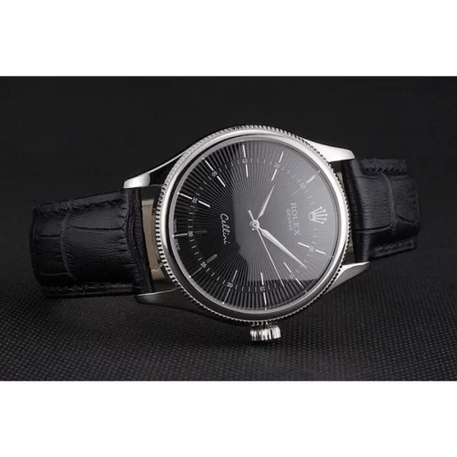 Swiss Rolex Cellini Black Dial Steel Case Black Leather Strap - 图片 4