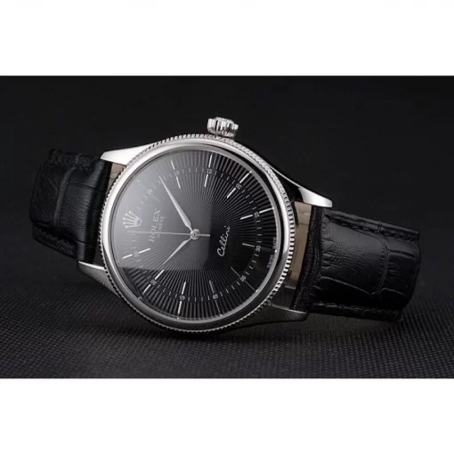Swiss Rolex Cellini Black Dial Steel Case Black Leather Strap - 图片 5