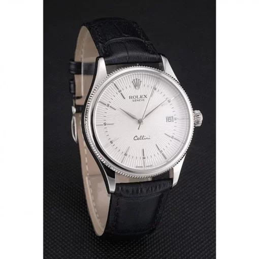 Swiss Rolex Cellini Date White Dial Stainless Steel Case Black Leather Strap - 图片 3