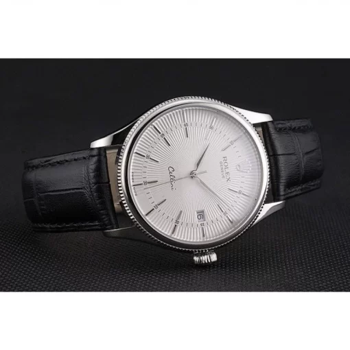 Swiss Rolex Cellini Date White Dial Stainless Steel Case Black Leather Strap - 图片 4