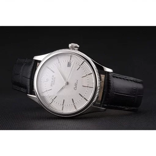 Swiss Rolex Cellini Date White Dial Stainless Steel Case Black Leather Strap - 图片 5