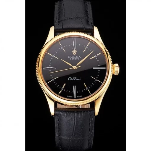 Swiss Rolex Cellini Black Dial Roman Numerals Gold Case Black Leather Strap - 图片 2