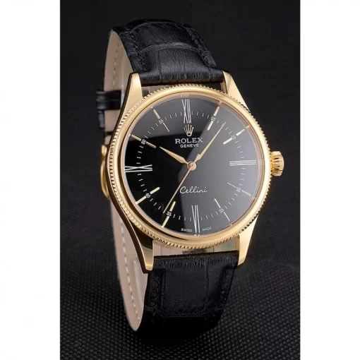Swiss Rolex Cellini Black Dial Roman Numerals Gold Case Black Leather Strap - 图片 3