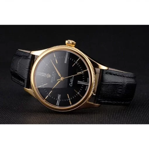 Swiss Rolex Cellini Black Dial Roman Numerals Gold Case Black Leather Strap - 图片 4