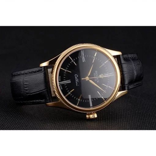 Swiss Rolex Cellini Black Dial Roman Numerals Gold Case Black Leather Strap - 图片 5
