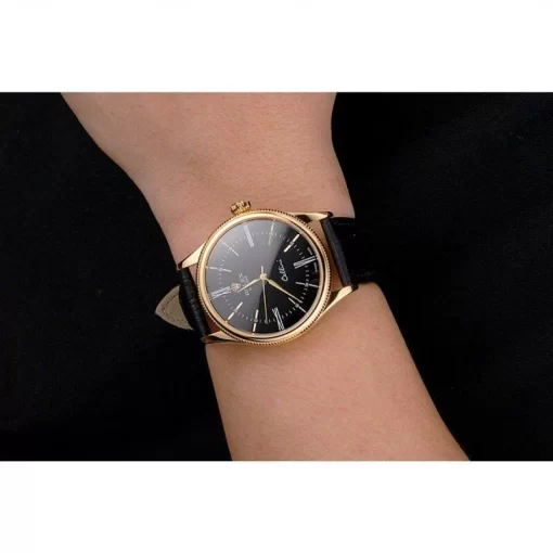 Swiss Rolex Cellini Black Dial Roman Numerals Gold Case Black Leather Strap - 图片 10