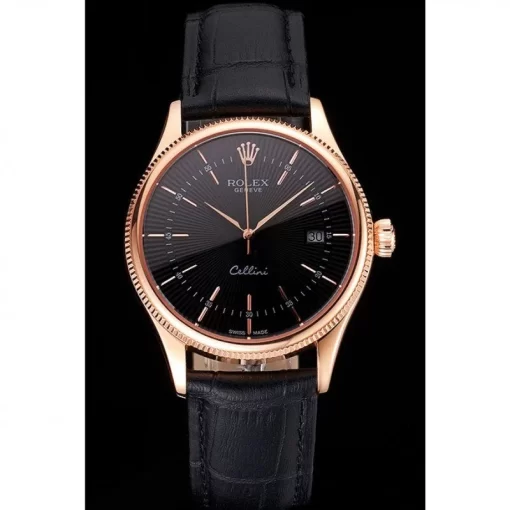 Swiss Rolex Cellini Date Black Dial Rose Gold Markings Rose Gold Case Black Leather Strap - 图片 2
