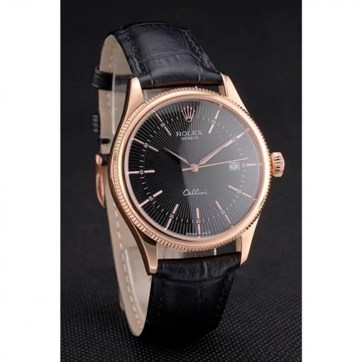 Swiss Rolex Cellini Date Black Dial Rose Gold Markings Rose Gold Case Black Leather Strap - 图片 3