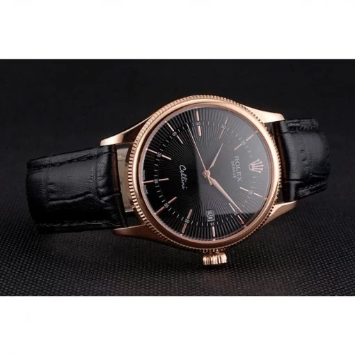 Swiss Rolex Cellini Date Black Dial Rose Gold Markings Rose Gold Case Black Leather Strap - 图片 4