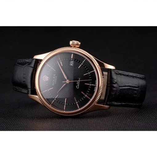 Swiss Rolex Cellini Date Black Dial Rose Gold Markings Rose Gold Case Black Leather Strap - 图片 5