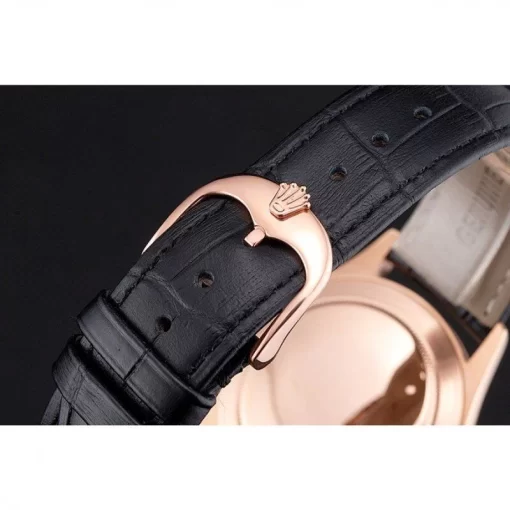 Swiss Rolex Cellini Date Black Dial Rose Gold Markings Rose Gold Case Black Leather Strap - 图片 6