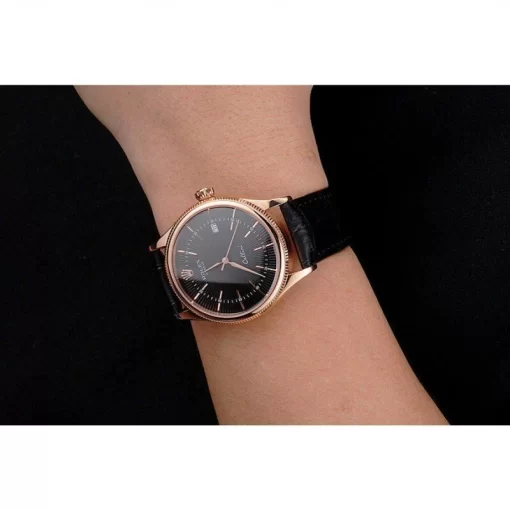 Swiss Rolex Cellini Date Black Dial Rose Gold Markings Rose Gold Case Black Leather Strap - 图片 10