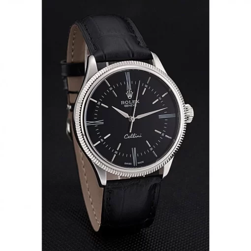 Swiss Rolex Cellini Time Silver Case Black Dial Black Leather Bracelet  622654 - 图片 3