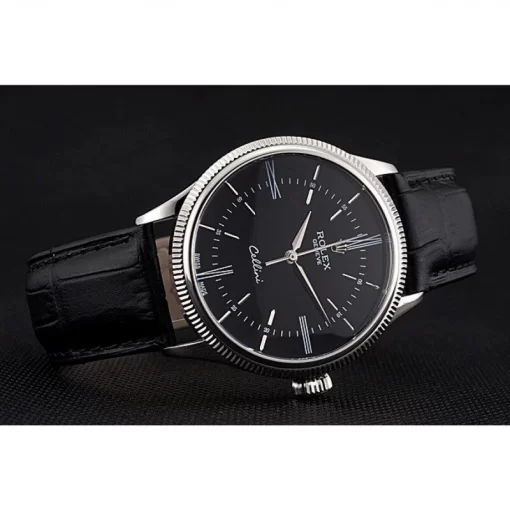 Swiss Rolex Cellini Time Silver Case Black Dial Black Leather Bracelet  622654 - 图片 4