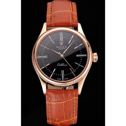 Swiss Rolex Cellini Black Dial Roman Numerals Rose Gold Case Light Brown Leather Strap - 图片 2