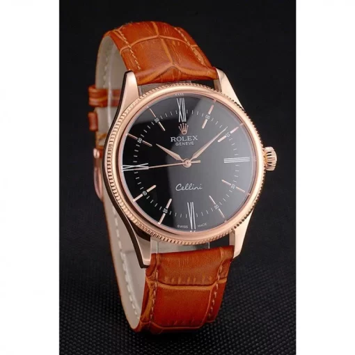 Swiss Rolex Cellini Black Dial Roman Numerals Rose Gold Case Light Brown Leather Strap - 图片 3