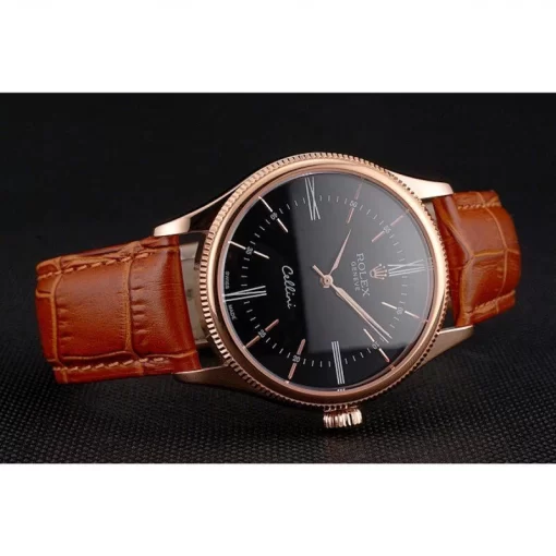 Swiss Rolex Cellini Black Dial Roman Numerals Rose Gold Case Light Brown Leather Strap - 图片 4