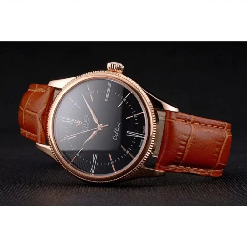 Swiss Rolex Cellini Black Dial Roman Numerals Rose Gold Case Light Brown Leather Strap - 图片 5