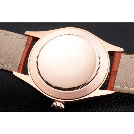 Swiss Rolex Cellini Black Dial Roman Numerals Rose Gold Case Light Brown Leather Strap - 图片 8