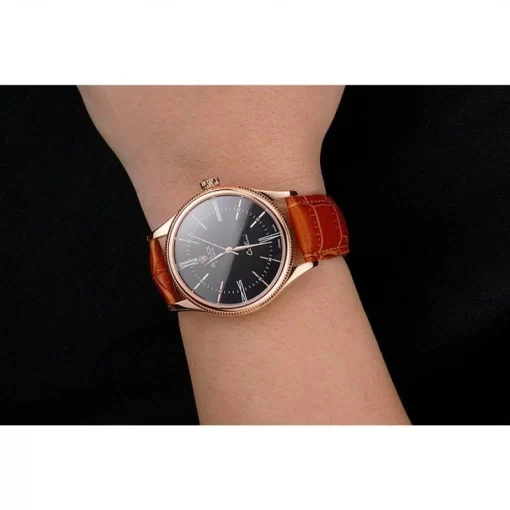 Swiss Rolex Cellini Black Dial Roman Numerals Rose Gold Case Light Brown Leather Strap - 图片 10