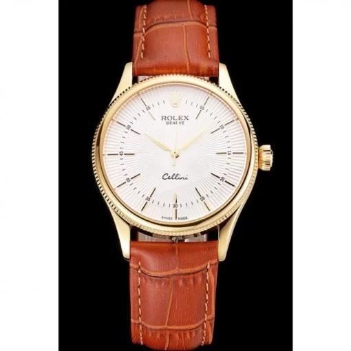 Swiss Rolex Cellini White Guilloche Dial Gold Case Light Brown Leather Strap - 图片 2