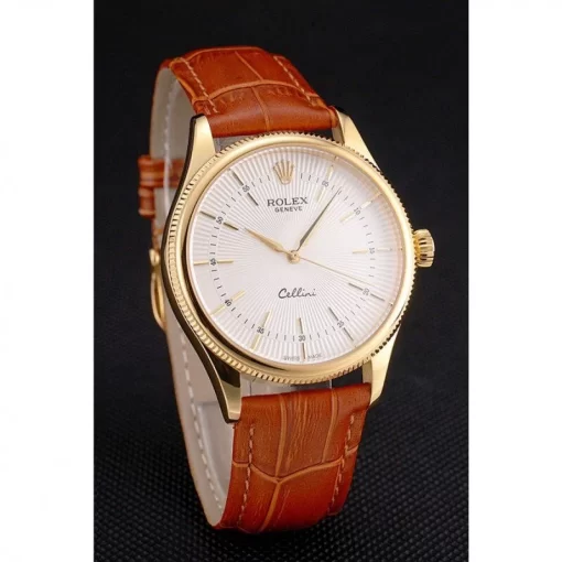 Swiss Rolex Cellini White Guilloche Dial Gold Case Light Brown Leather Strap - 图片 3