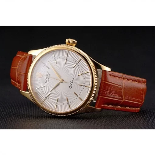 Swiss Rolex Cellini White Guilloche Dial Gold Case Light Brown Leather Strap - 图片 4