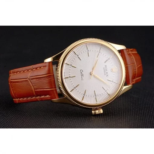 Swiss Rolex Cellini White Guilloche Dial Gold Case Light Brown Leather Strap - 图片 5