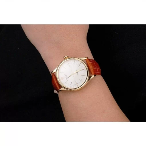 Swiss Rolex Cellini White Guilloche Dial Gold Case Light Brown Leather Strap - 图片 10