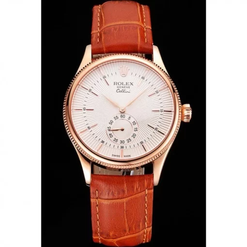 Swiss Rolex Cellini White Dial Rose Gold Case Light Brown Leather Strap - 图片 2