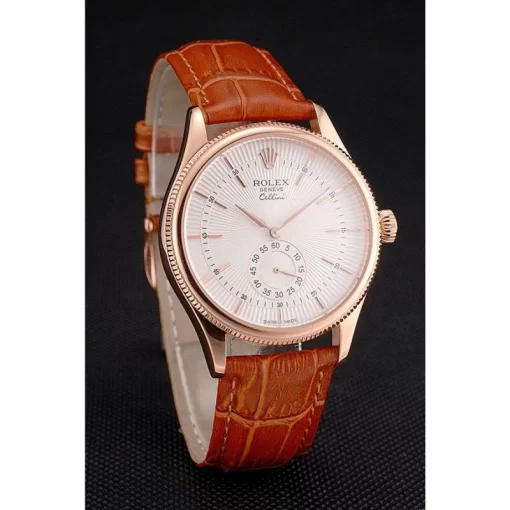Swiss Rolex Cellini White Dial Rose Gold Case Light Brown Leather Strap - 图片 3