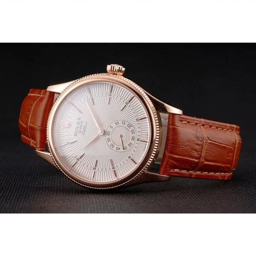 Swiss Rolex Cellini White Dial Rose Gold Case Light Brown Leather Strap - 图片 5