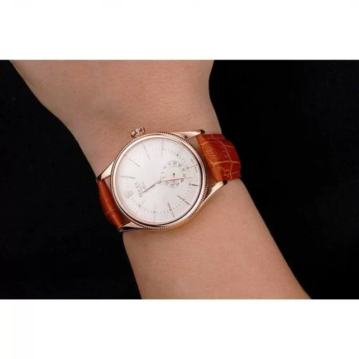 Swiss Rolex Cellini White Dial Rose Gold Case Light Brown Leather Strap - 图片 10