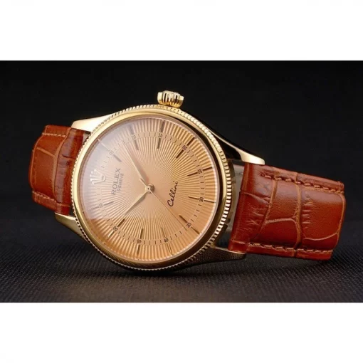 Swiss Rolex Cellini Gold Dial And Markings Gold Case Light Brown Leather Strap - 图片 5