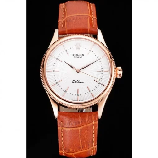 Swiss Rolex Cellini White Dial Rose Gold Case Brown Leather Strap - 图片 2