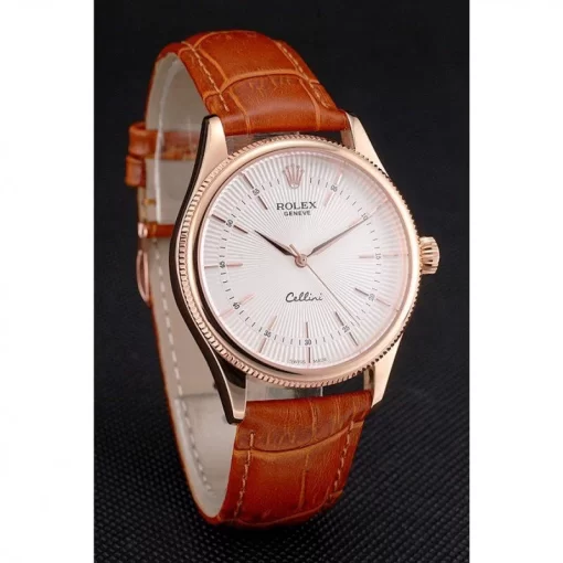 Swiss Rolex Cellini White Dial Rose Gold Case Brown Leather Strap - 图片 3