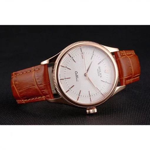 Swiss Rolex Cellini White Dial Rose Gold Case Brown Leather Strap - 图片 5