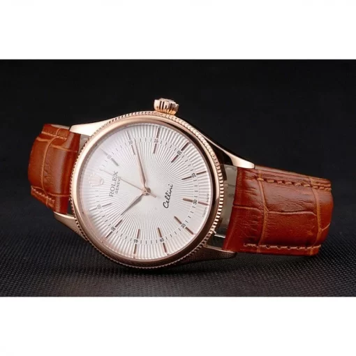 Swiss Rolex Cellini White Dial Rose Gold Case Brown Leather Strap - 图片 4