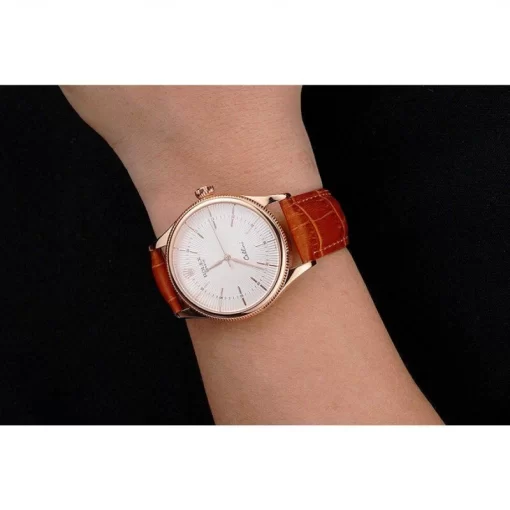 Swiss Rolex Cellini White Dial Rose Gold Case Brown Leather Strap - 图片 10