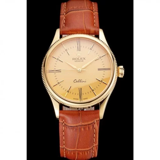 Swiss Rolex Cellini Gold Dial Roman Numerals Gold Case Light Brown Leather Strap - 图片 2