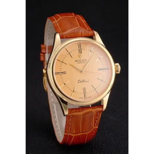 Swiss Rolex Cellini Gold Dial Roman Numerals Gold Case Light Brown Leather Strap - 图片 3