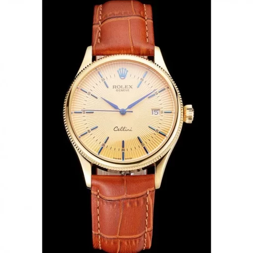Swiss Rolex Cellini Date Gold Guilloche Dial Gold Case Light Brown Leather Strap - 图片 2