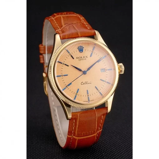 Swiss Rolex Cellini Date Gold Guilloche Dial Gold Case Light Brown Leather Strap - 图片 3