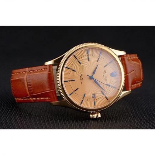 Swiss Rolex Cellini Date Gold Guilloche Dial Gold Case Light Brown Leather Strap - 图片 4