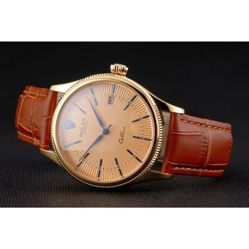 Swiss Rolex Cellini Date Gold Guilloche Dial Gold Case Light Brown Leather Strap - 图片 5