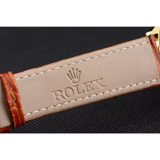 Swiss Rolex Cellini Date Gold Guilloche Dial Gold Case Light Brown Leather Strap - 图片 7