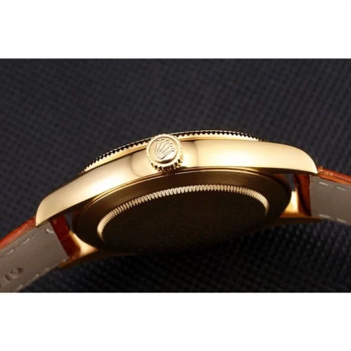 Swiss Rolex Cellini Date Gold Guilloche Dial Gold Case Light Brown Leather Strap - 图片 9