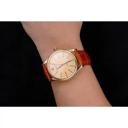 Swiss Rolex Cellini Date Gold Guilloche Dial Gold Case Light Brown Leather Strap - 图片 10