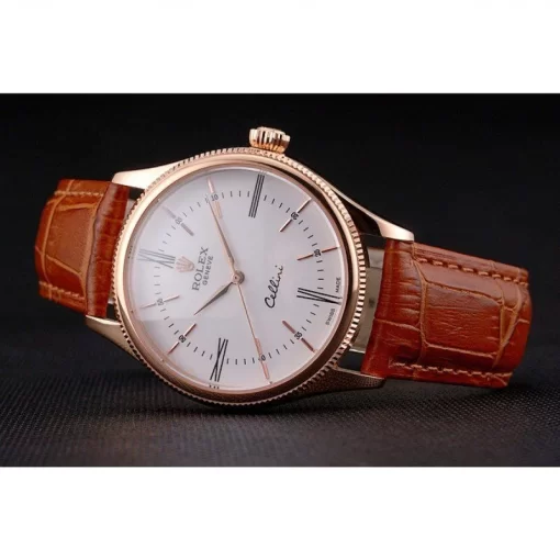 Swiss Rolex Cellini White Dial Roman Numerals Rose Gold Case Light Brown Leather Strap - 图片 4